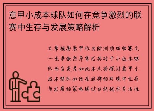 意甲小成本球队如何在竞争激烈的联赛中生存与发展策略解析